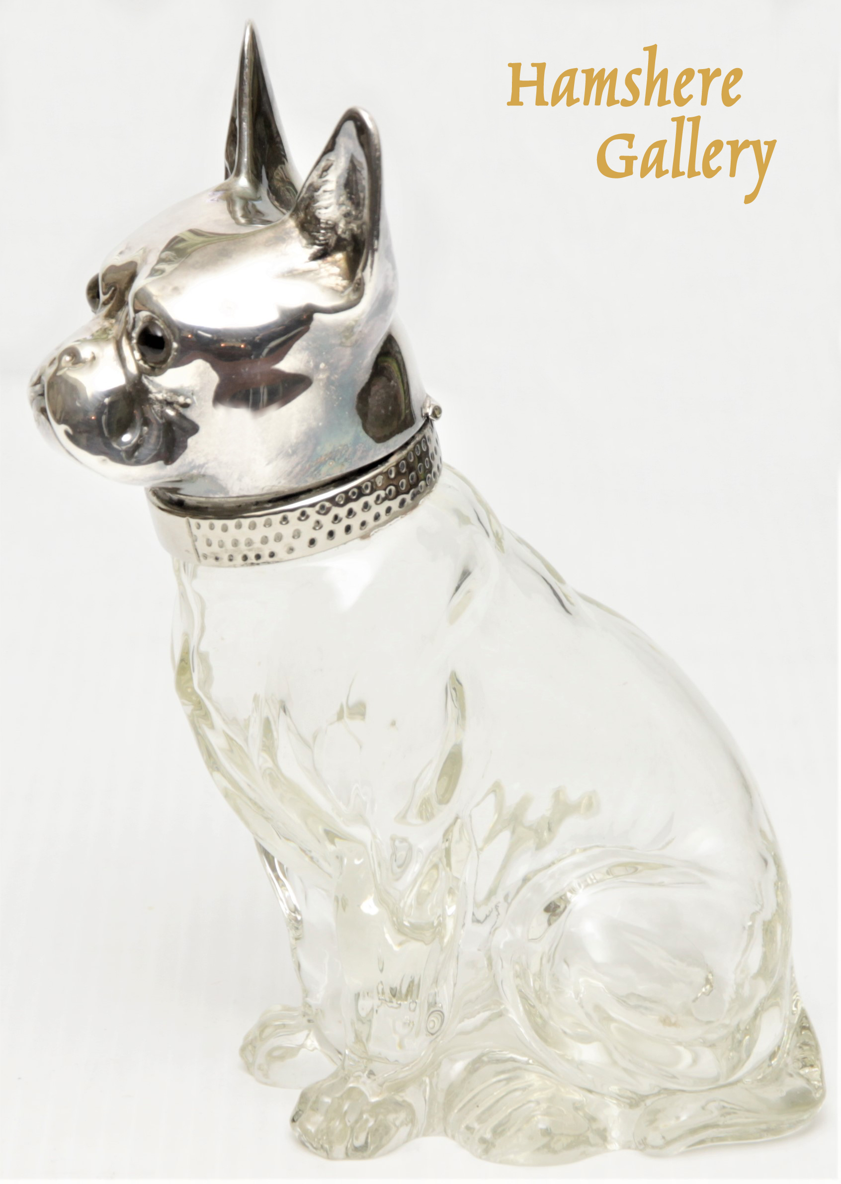Click for larger image: Circa 1910, Austrian rock crystal French Bulldog decanter - Circa 1910, Austrian rock crystal French Bulldog decanter