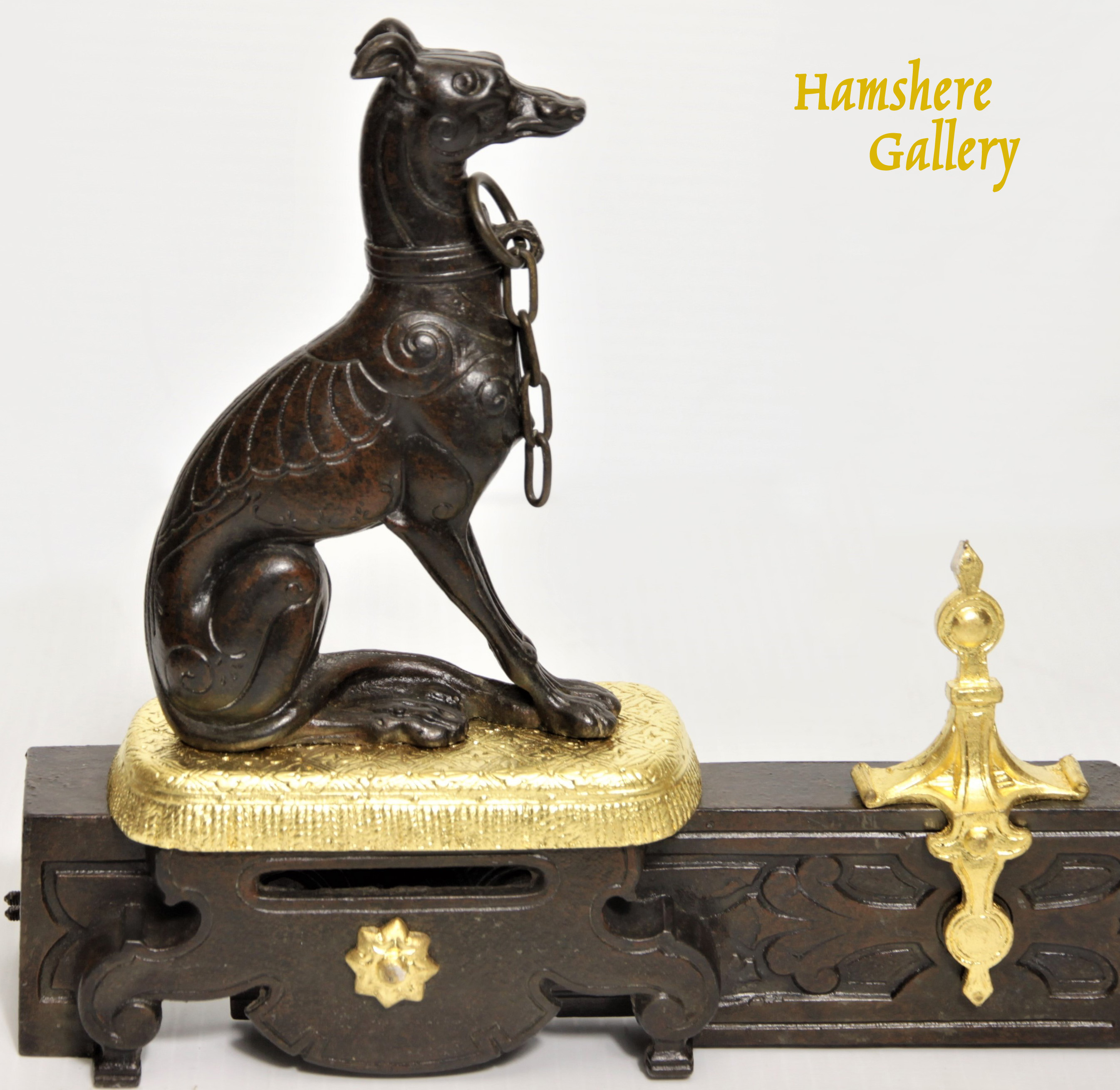 Click for larger image: A French 19th century bronze and ormolu Greyhound / Levrier chenets fireplace fender - A French 19th century bronze and ormolu Greyhound / Levrier chenets fireplace fender