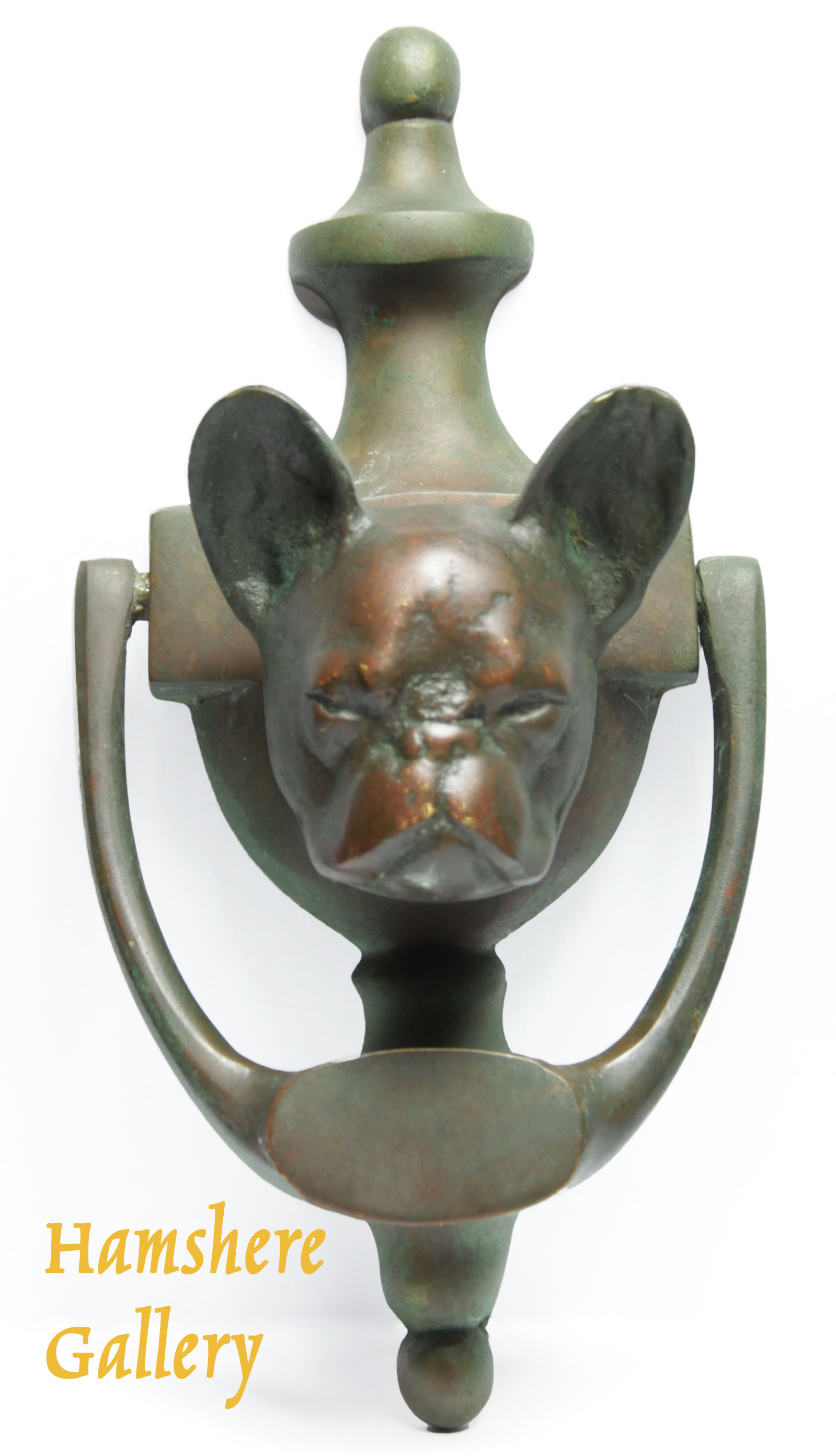 Click to see full size: Early 20th century bronze French Bull Dog door knocker