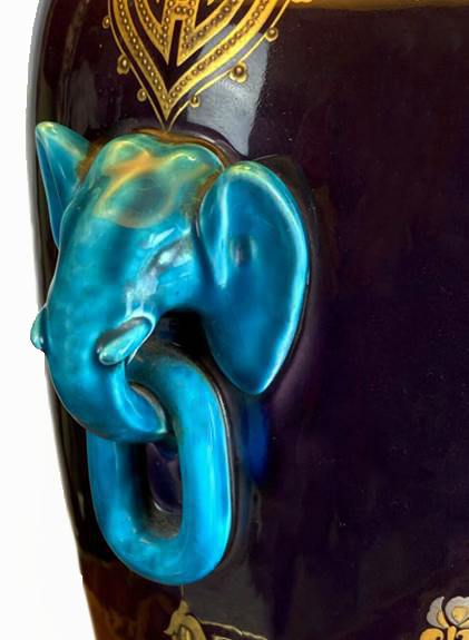 Click for larger image: Rare Minton Majolica Japanese aesthetic movement, elephant vase, with elephant handles, circa 1890. - Rare Minton Majolica Japanese aesthetic movement, elephant vase, with elephant handles, circa 1890.