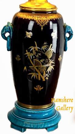 Click for larger image: Rare Minton Majolica Japanese aesthetic movement, elephant vase, with elephant handles, circa 1890. - Rare Minton Majolica Japanese aesthetic movement, elephant vase, with elephant handles, circa 1890.