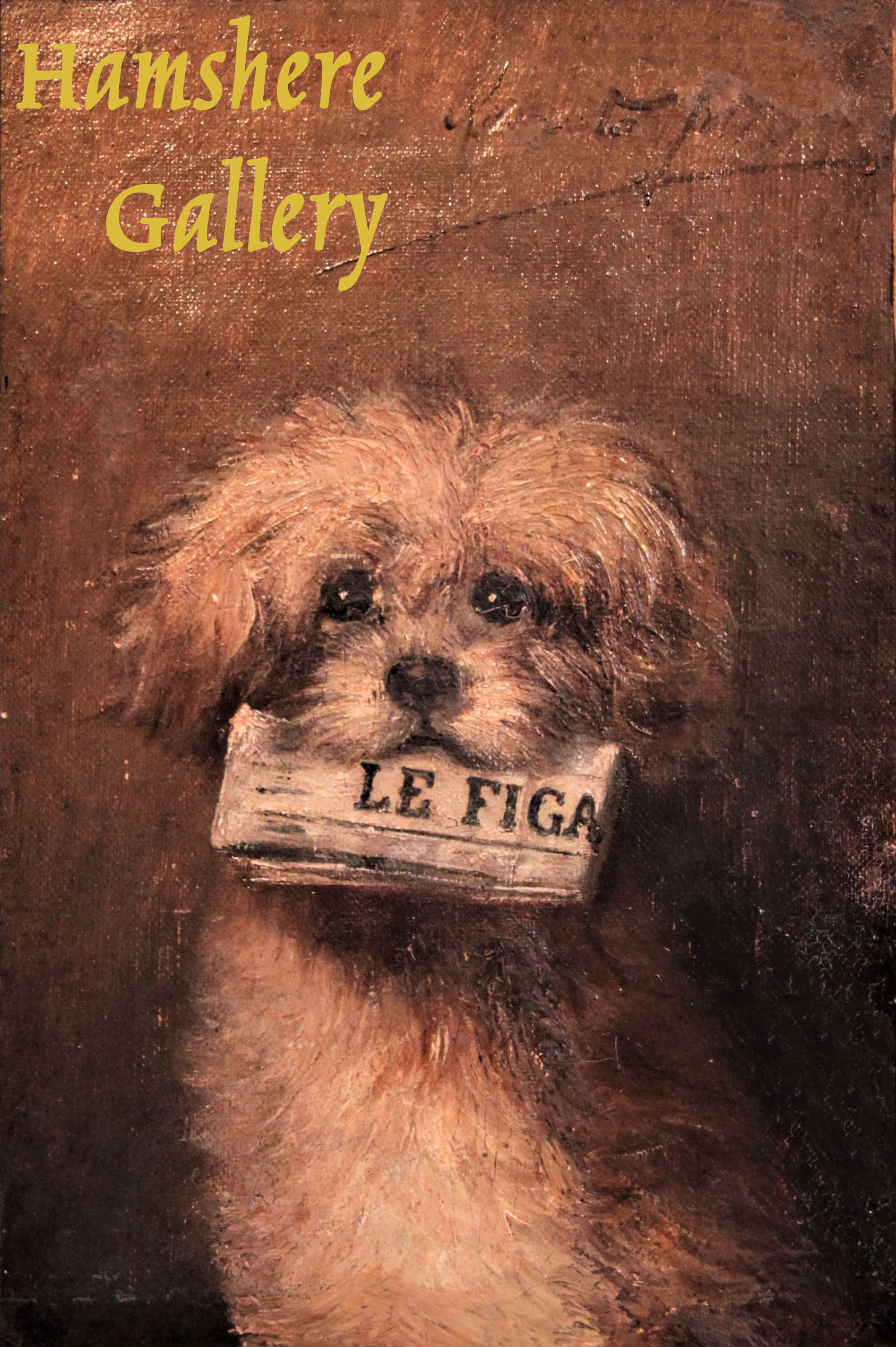 Click to see full size: A 19th century oil on canvas of Maltese / Bichon type carrying “Le Figaro” in the manner of Jules I Chardigny (French, 1842-1892)