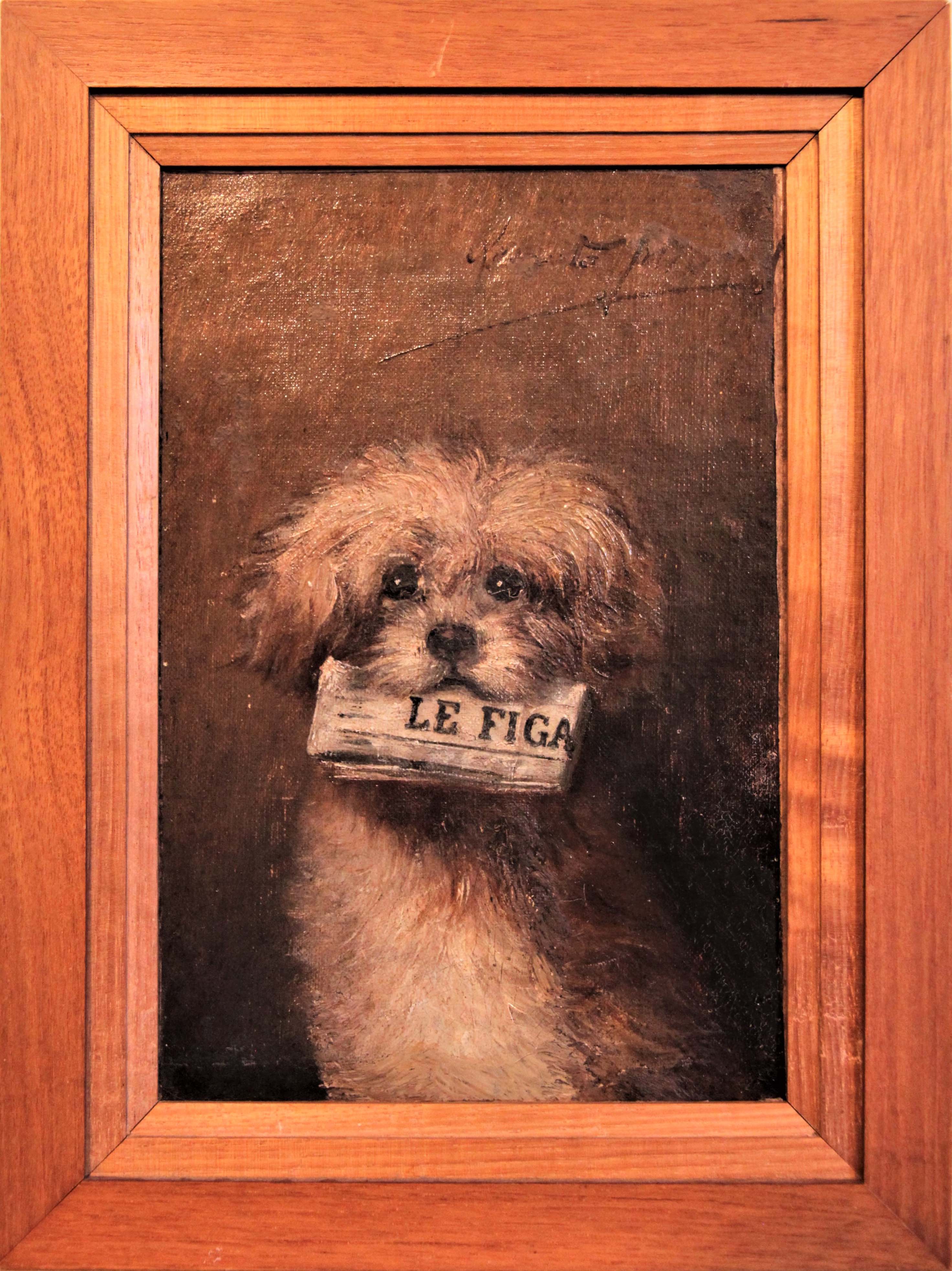 Click for larger image: A 19th century oil on canvas of Maltese / Bichon type carrying â€œLe Figaroâ€ in the manner of Jules I Chardigny (French, 1842-1892) - A 19th century oil on canvas of Maltese / Bichon type carrying â€œLe Figaroâ€ in the manner of Jules I Chardigny (French, 1842-1892)