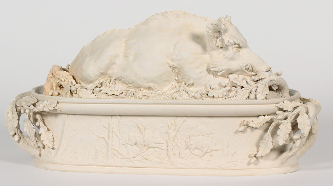 Click to see full size: 20th century white faÃ¯ence / terracotta boar tureen by Jean-Paul Gourdon, (French, b. April 1956)