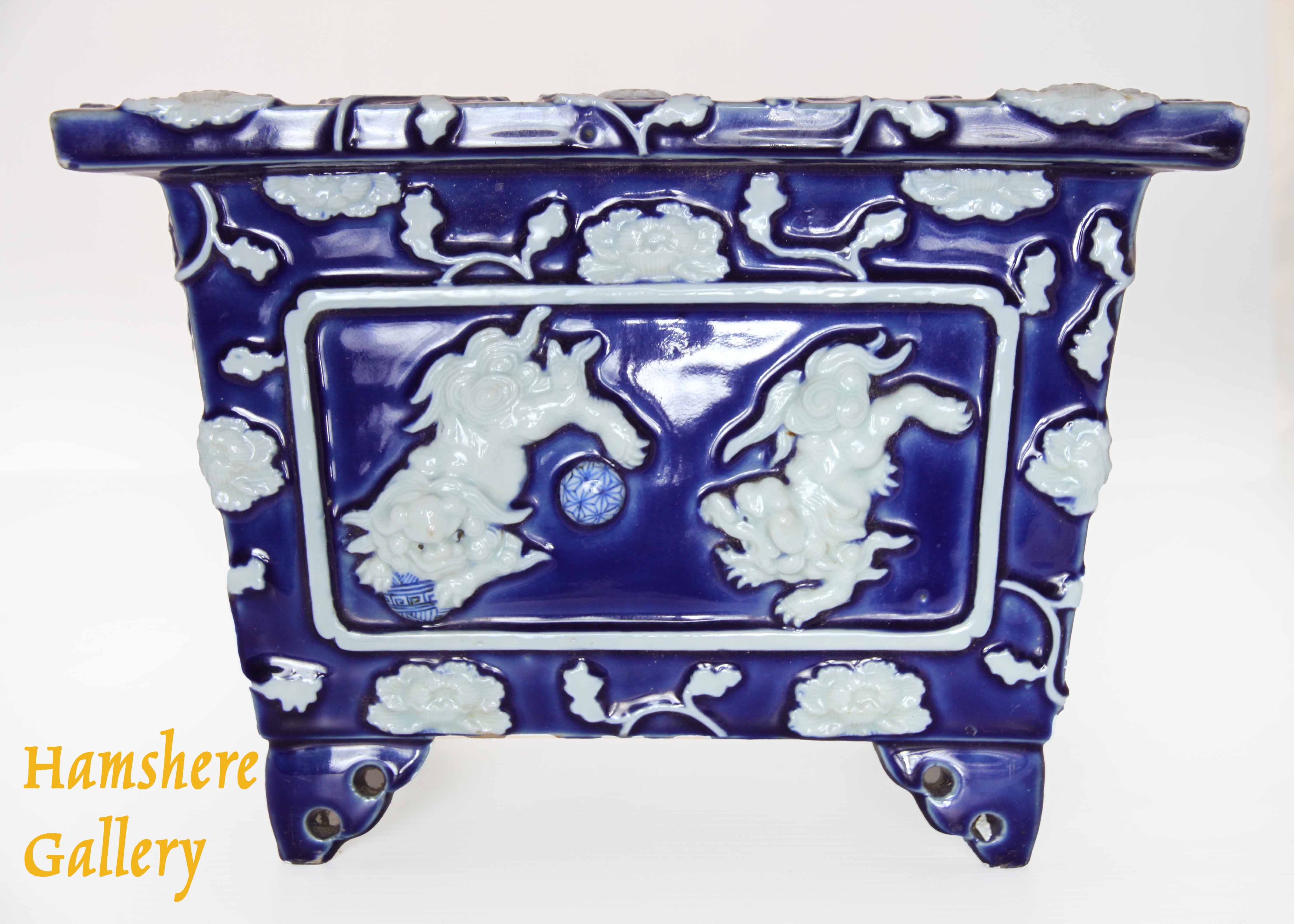 Click to see full size: 19th century English, square Minton Majolica cobalt and Shi Shi jardiniere