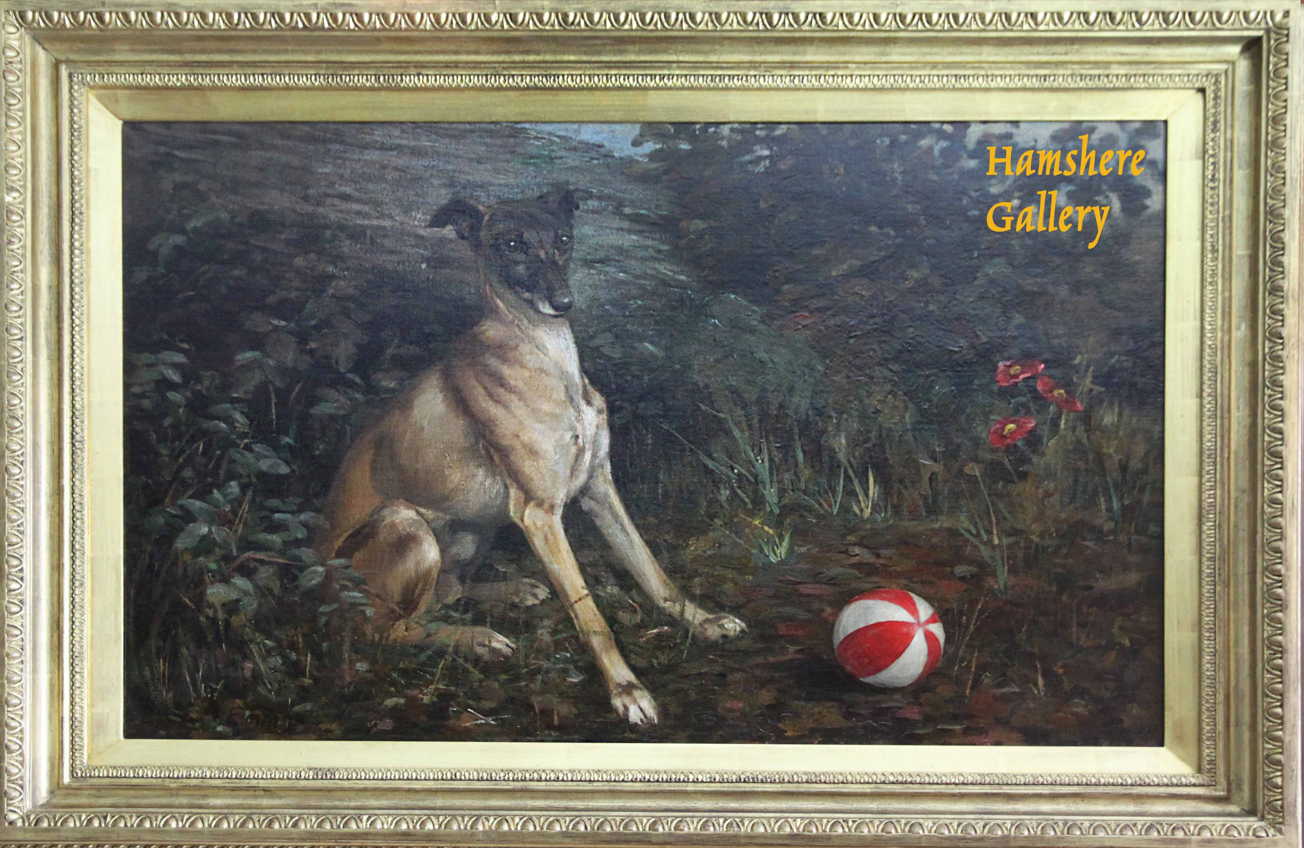 Click for larger image: Oil on canvas of a Greyhound by John Emms (English, 1843-1912). - Oil on canvas of a Greyhound by John Emms (English, 1843-1912).