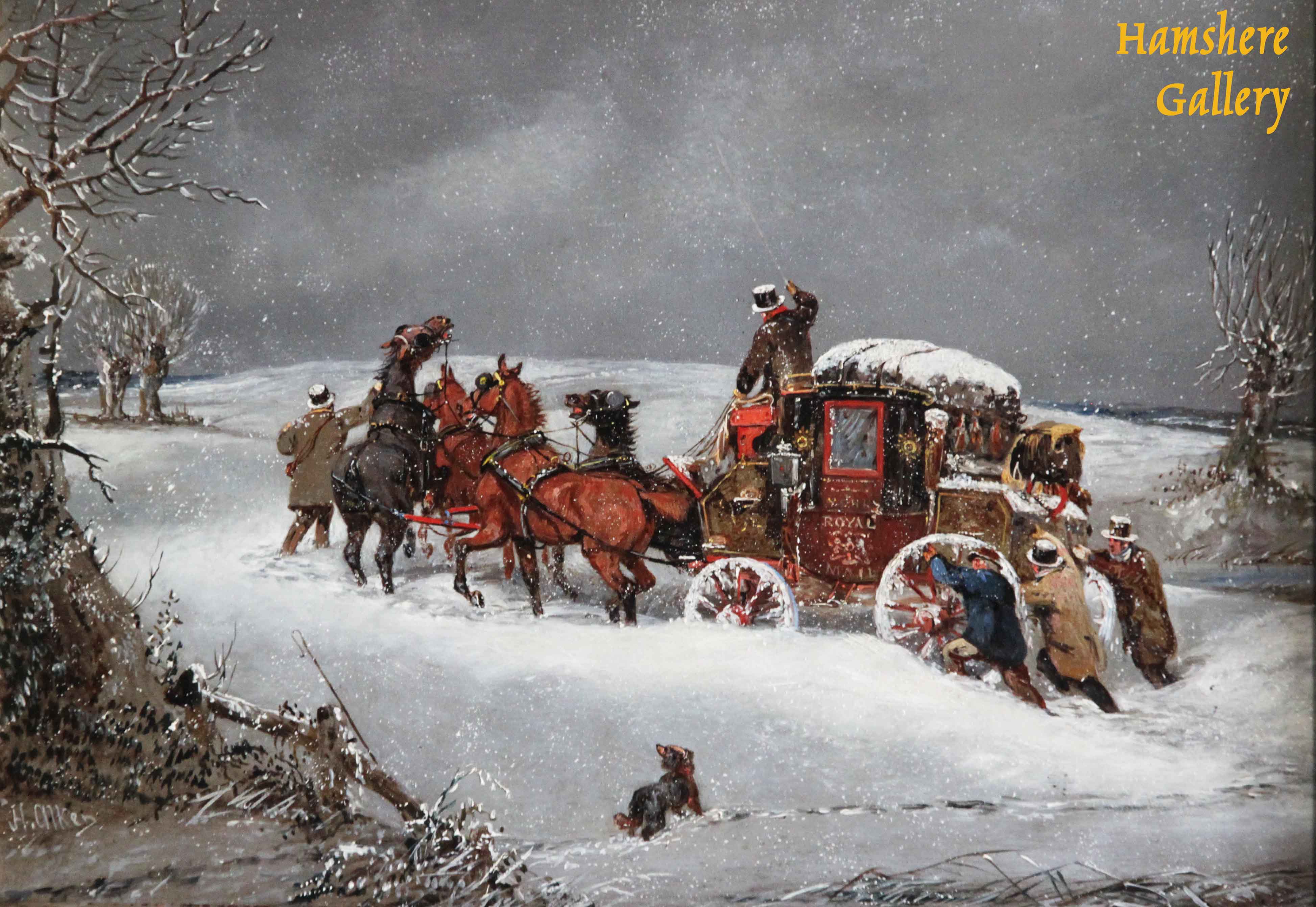 Click to see full size: A pair of snow scene carriage coaching fourinhand oils by Henry Thomas Alken Snr