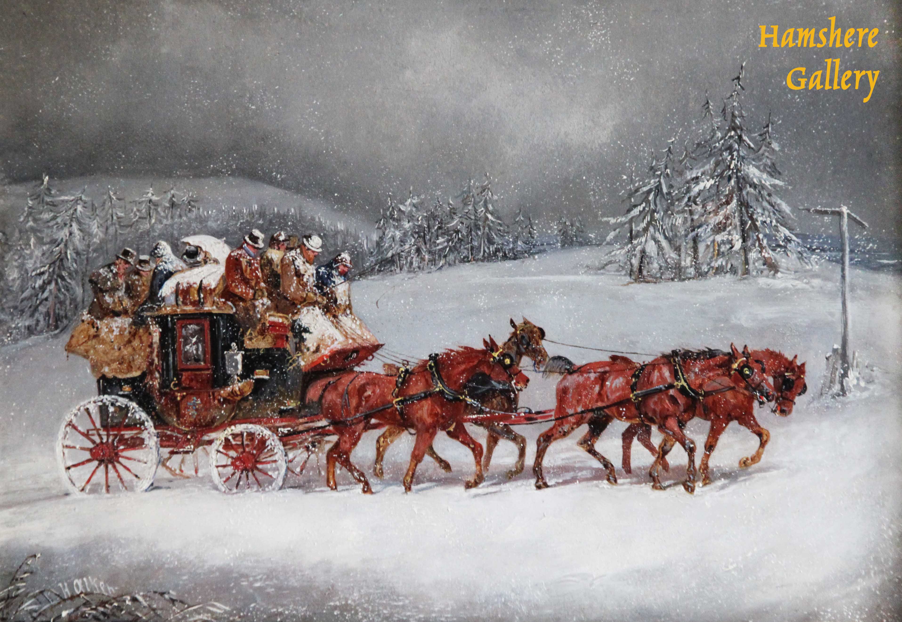 Click for larger image: A pair of snow scene carriage / coaching / four-in- hand  oils by Henry Thomas Alken Snr. (English, 1785 â€“ 1851) - A pair of snow scene carriage / coaching / four-in- hand  oils by Henry Thomas Alken Snr. (English, 1785 â€“ 1851)