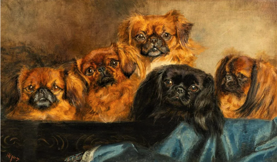 Click for larger image: Oil on canvas of five Pekingese, monogrammed HL and dated 07 - Oil on canvas of five Pekingese, monogrammed HL and dated 07
