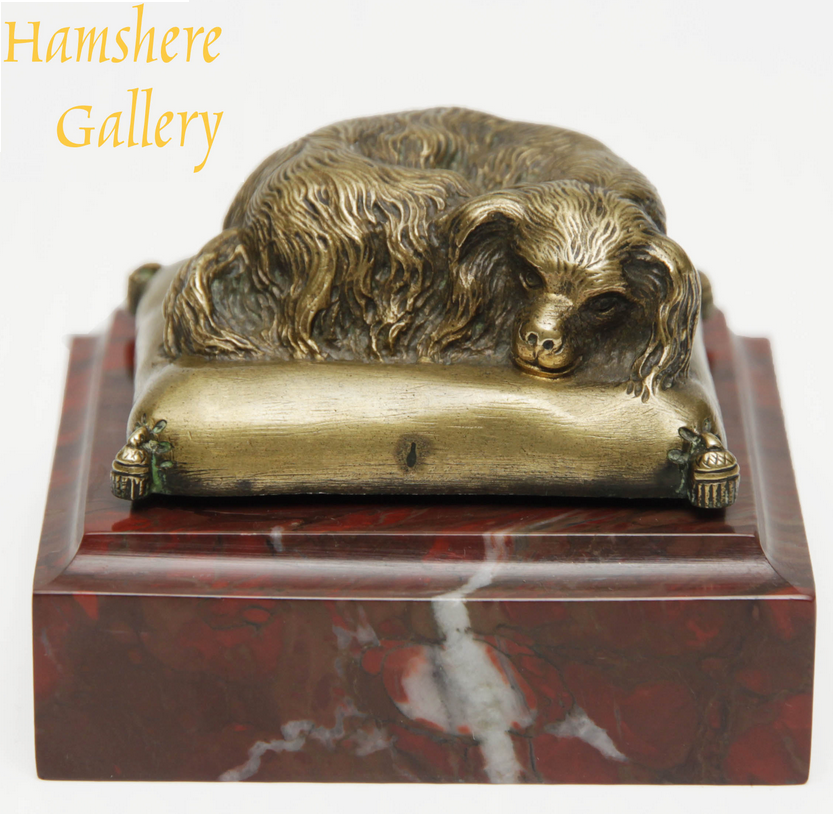 Click to see full size: A French, 19th century, Napoleon III, bronze presse-papier King Charles Cavalier Spaniel on a marble base