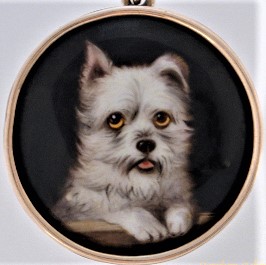 Click to see full size: Grip the Skye Terrier enamel by William Bishop Ford (English, 1832-1922)