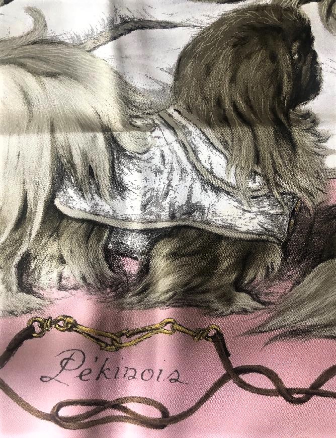 Click for larger image: Hermes silk scarf depicting Pekinois Pekinese after Xavier de Poret - Hermes silk scarf depicting Pekinois Pekinese after Xavier de Poret