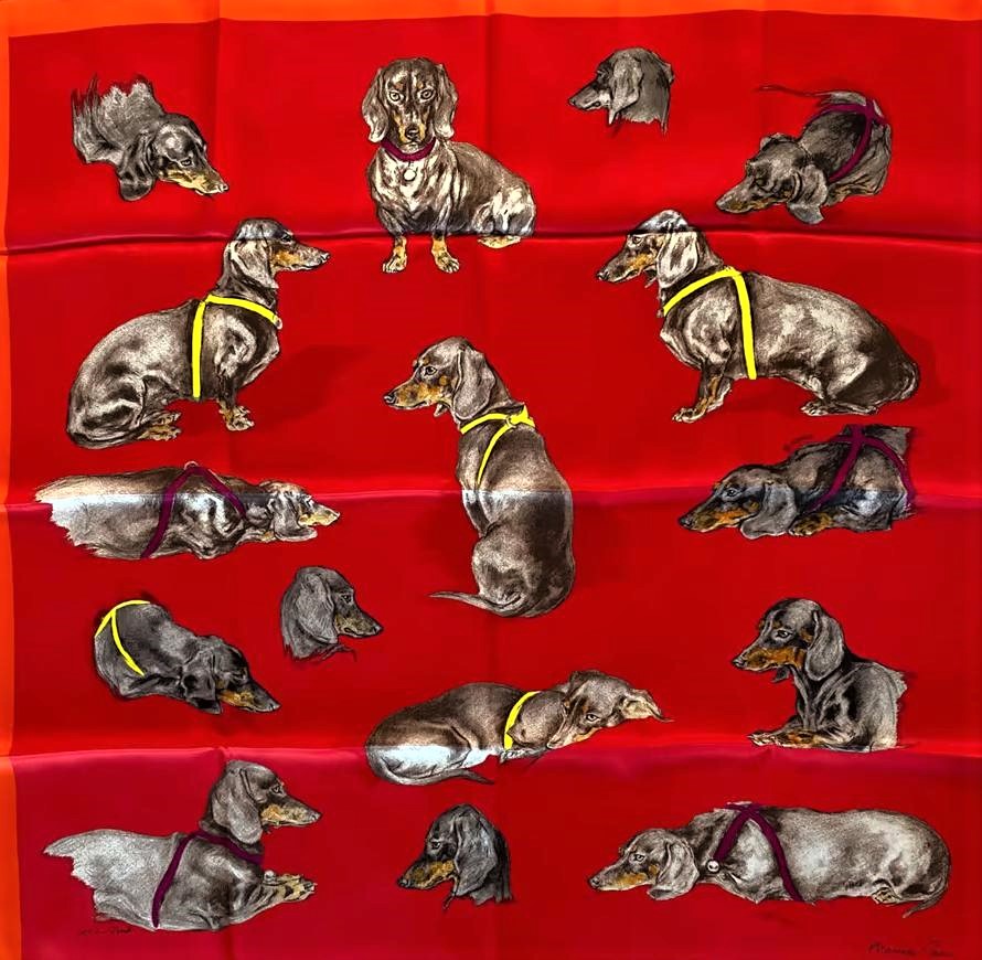 Click to see full size: Hermes silk scarf depicting Les Teckels Dachshunds after Xavier de Poret - Hermes silk scarf depicting Les Teckels Dachshunds after Xavier de Poret 
