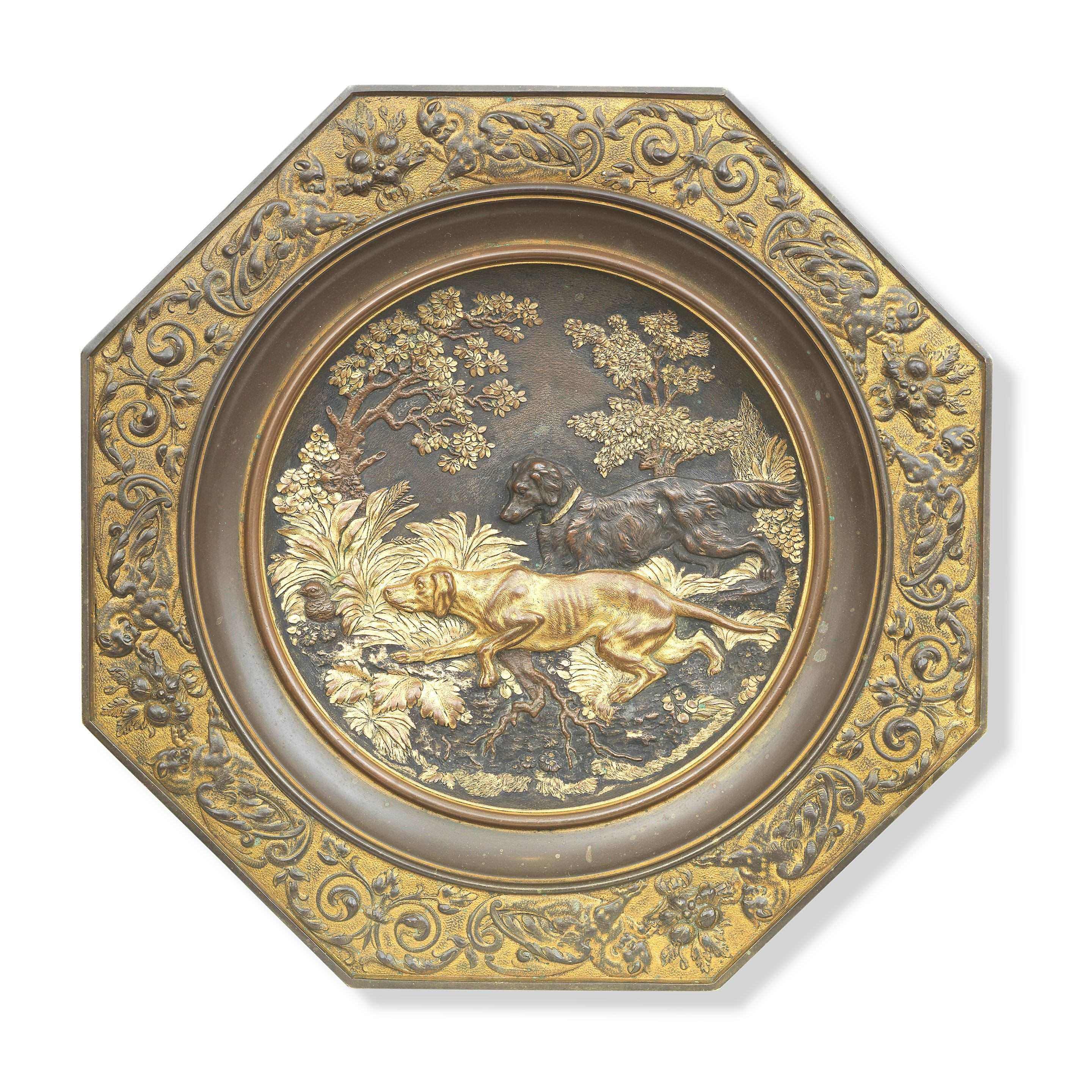 Click for larger image: A hexagonal hunting / La Chasse bronze charger / plate of Pointer and Setter retailed by James Muirhead and Son - A hexagonal hunting / La Chasse bronze charger / plate of Pointer and Setter retailed by James Muirhead and Son