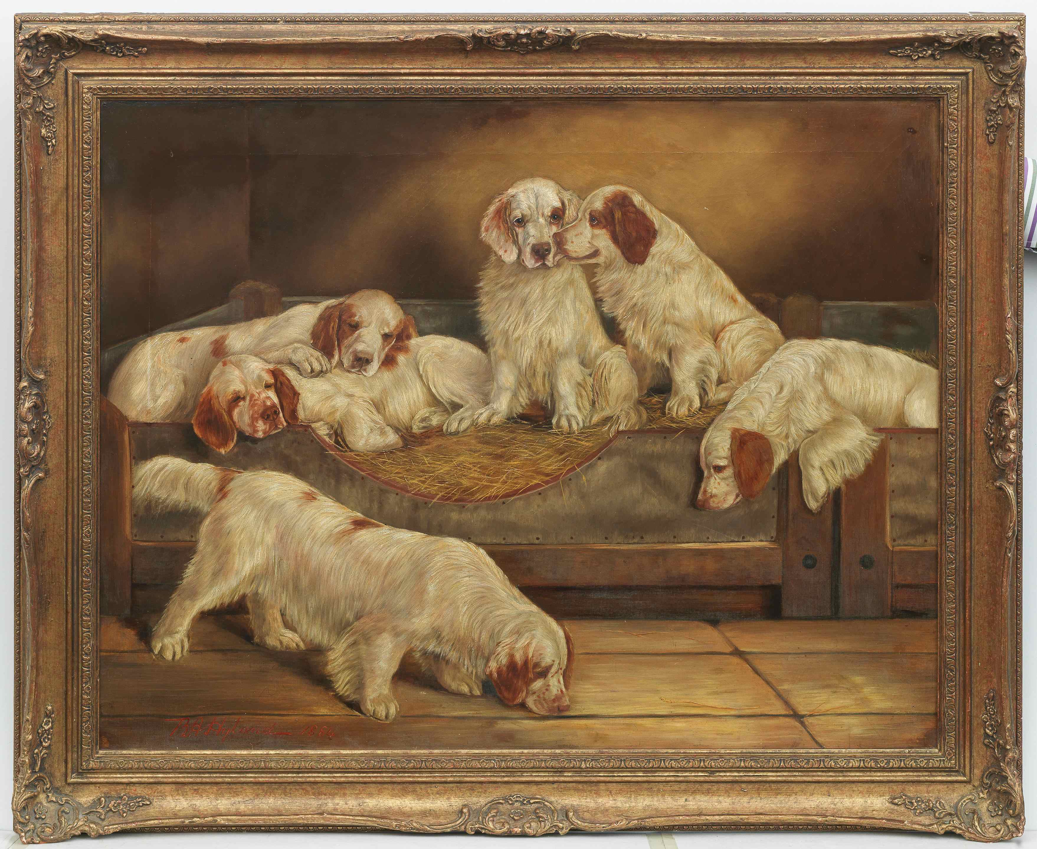 Click for larger image: The Duke of Portland Clumber Spaniels at Welbeck Abbey by Benedict Angell Hyland (English, 1859-1933) - The Duke of Portland Clumber Spaniels at Welbeck Abbey by Benedict Angell Hyland (English, 1859-1933)