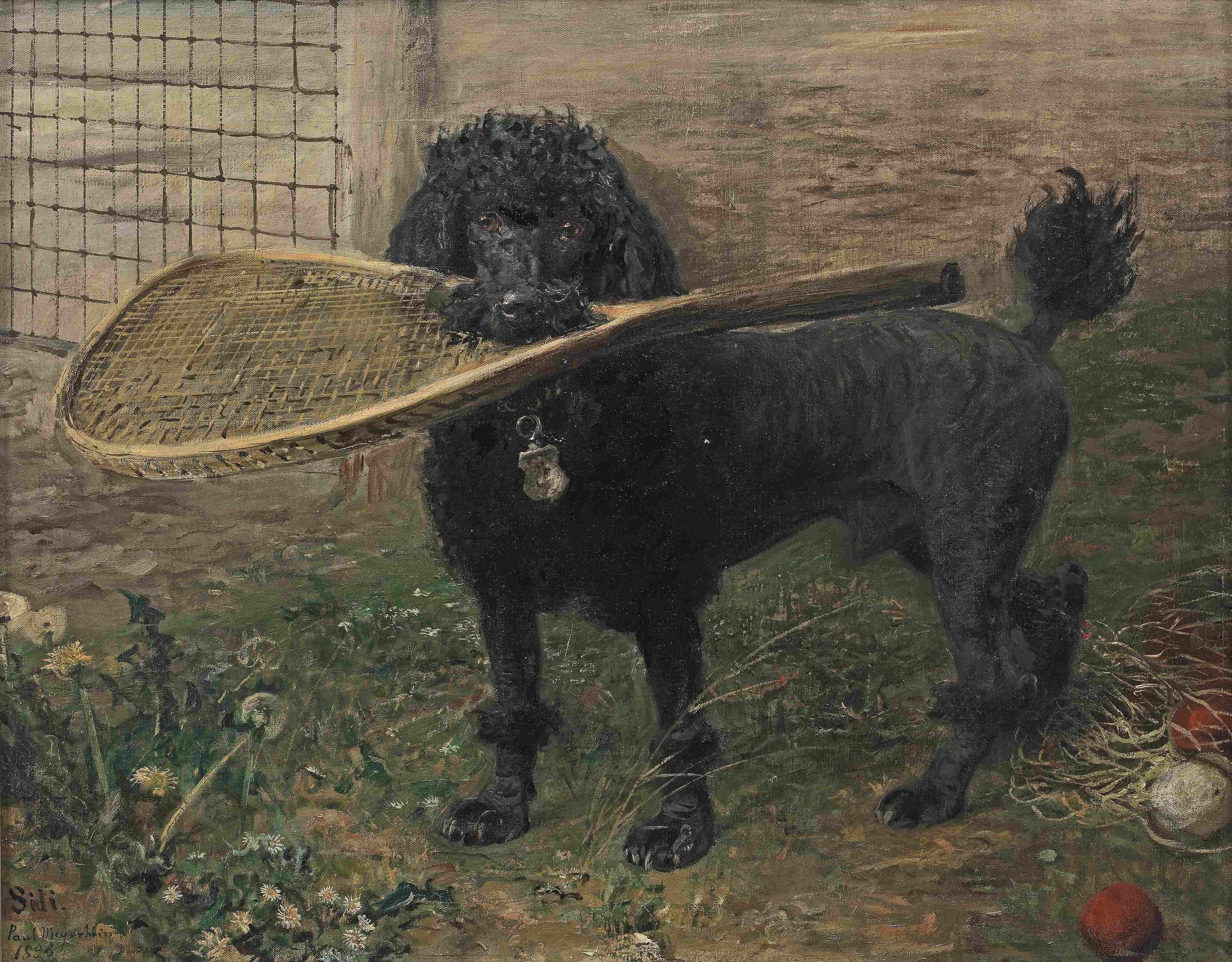 Click for larger image: 19th century Poodle with tennis racket oil by Professor Paul Friedrich Meyerheim  - 19th century Poodle with tennis racket oil by Professor Paul Friedrich Meyerheim 