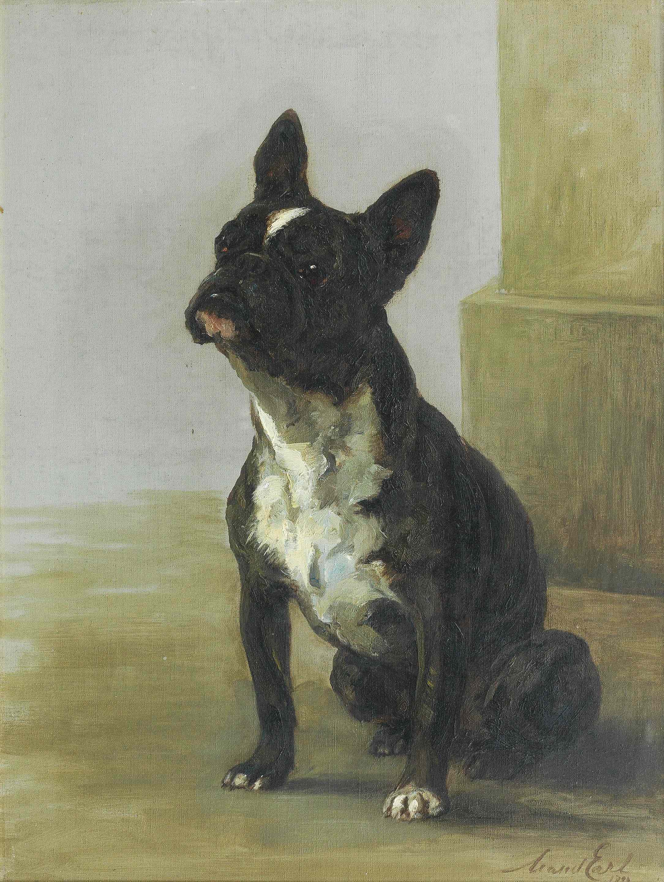 Click to see full size: Oil on canvas of a seated French Bulldog by Maud Earl