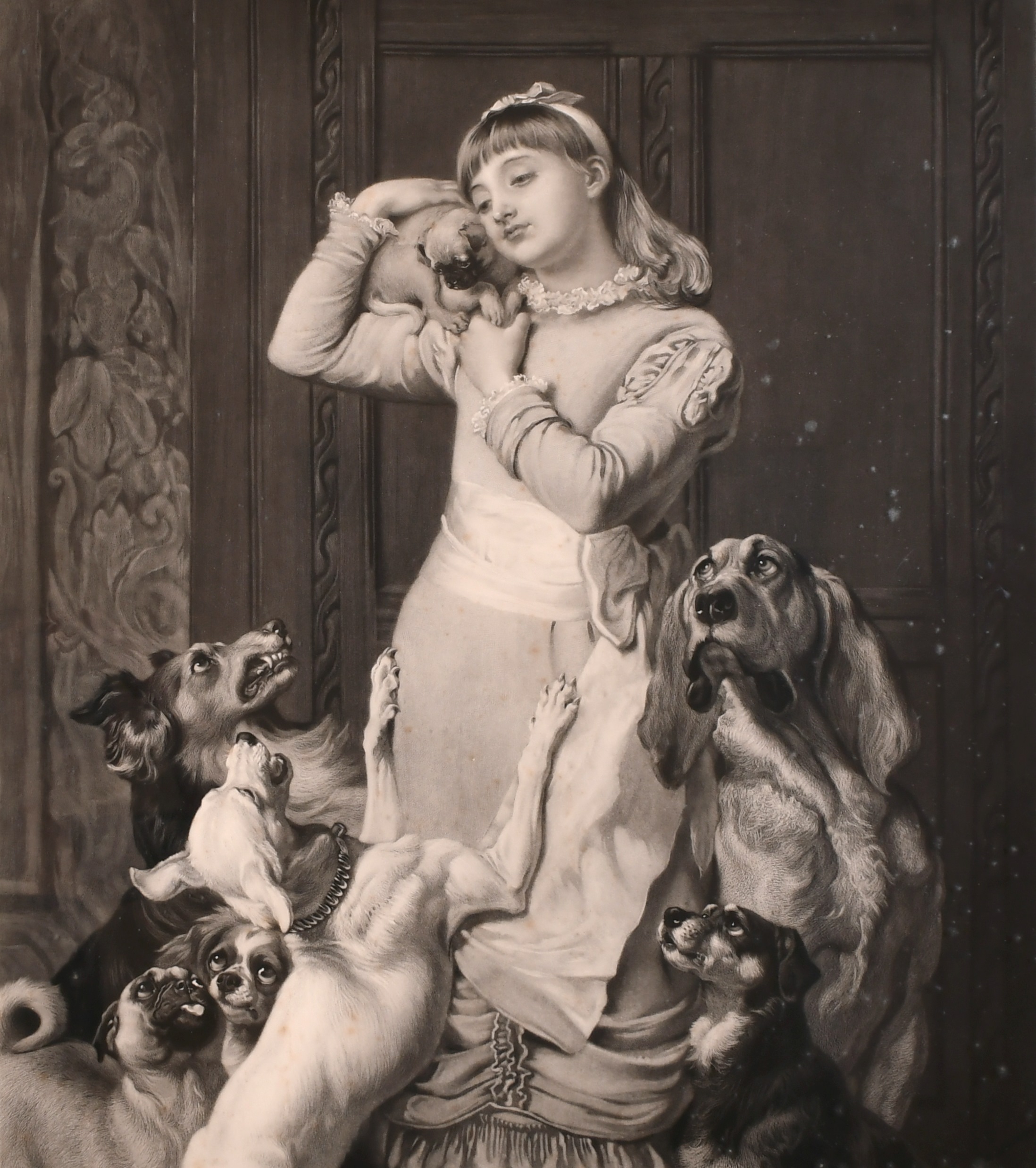 Click to see full size: “Envy, Hatred and Malice”, mixed media engraving, girl and Collie, King Charles Cavalier & Pug by Frederick Stacpoole (English, 1813-1907) after Briton Riviere (English, 1840-1920)