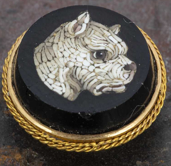 Click to see full size: A 19th century gold dress stud, with a micro mosaic in the form of a dog head, a Staffordshire terrier