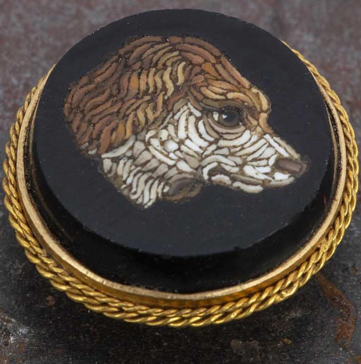 Click to see full size: A 19th century gold dress stud, with a micro mosaic in the form of a dog head, a Spaniel