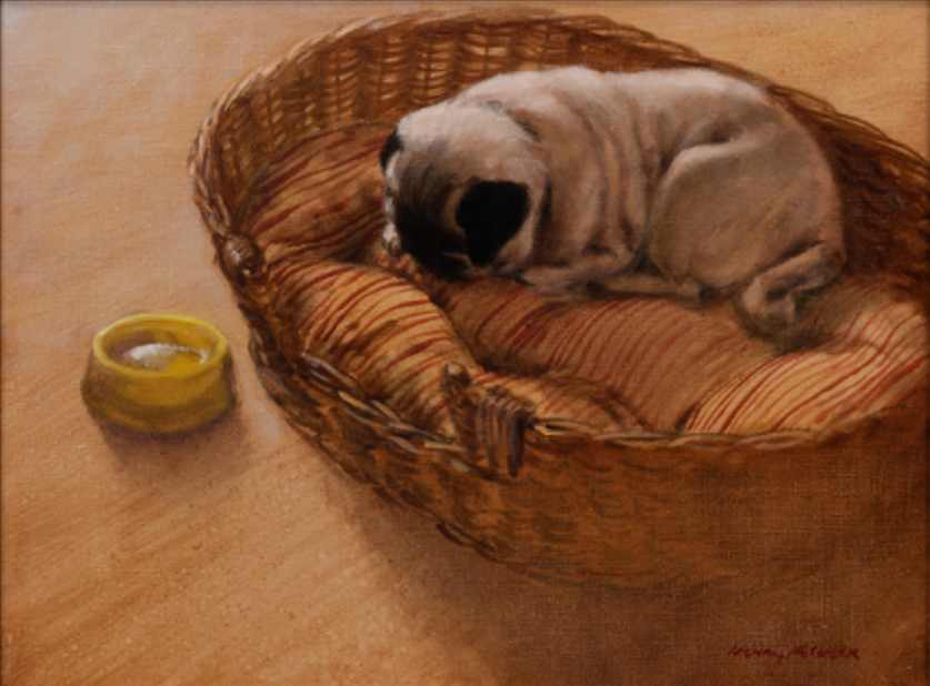 Click to see full size: The artist’s Pug “Oliver”, an oil titled “The New Basket” by Henry Koehler (American, b1927)