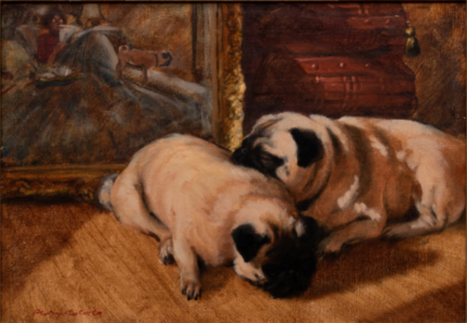 Click to see full size: The artist’s Pugs Anabel and Oliver, an oil titled “Winter Sun” by Henry Koehler (American, b1927)