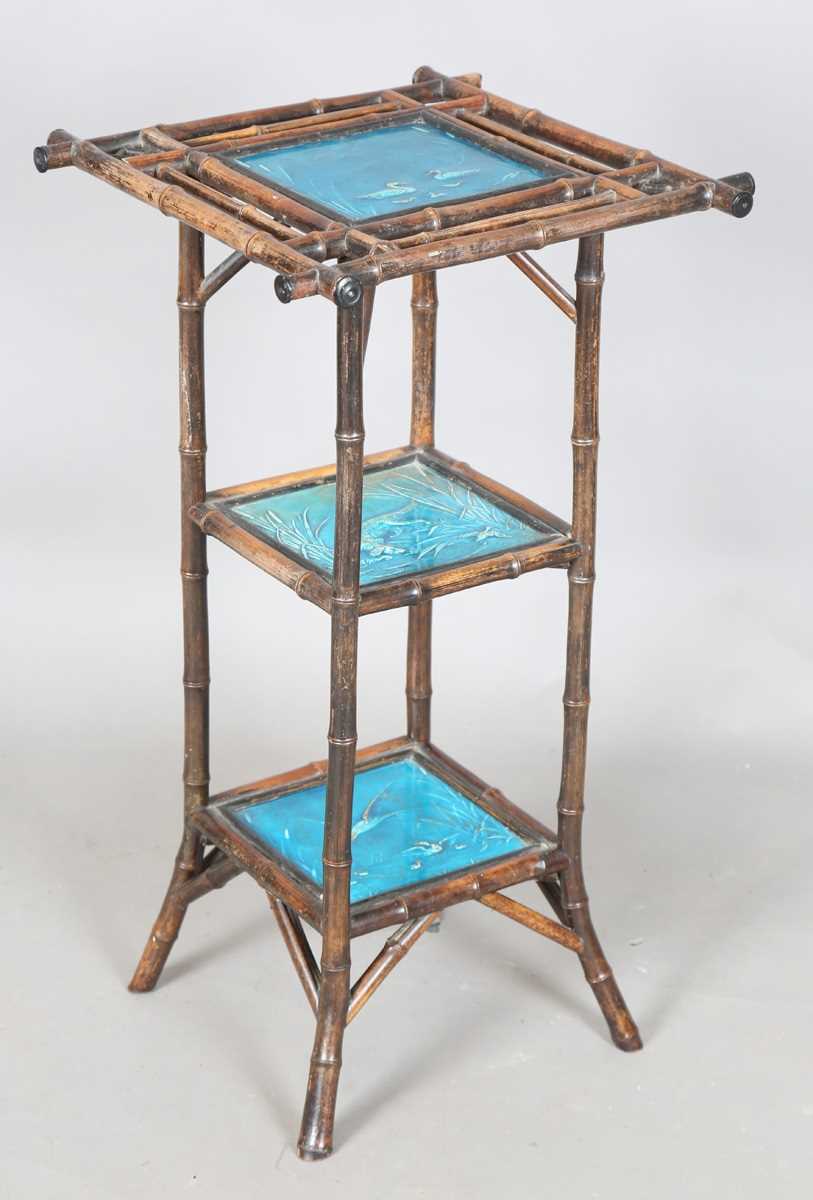 Click to see full size: 19th century Aesthetic Movement bamboo table, with Minton Hollins Setter / Retriever, & duck tiles