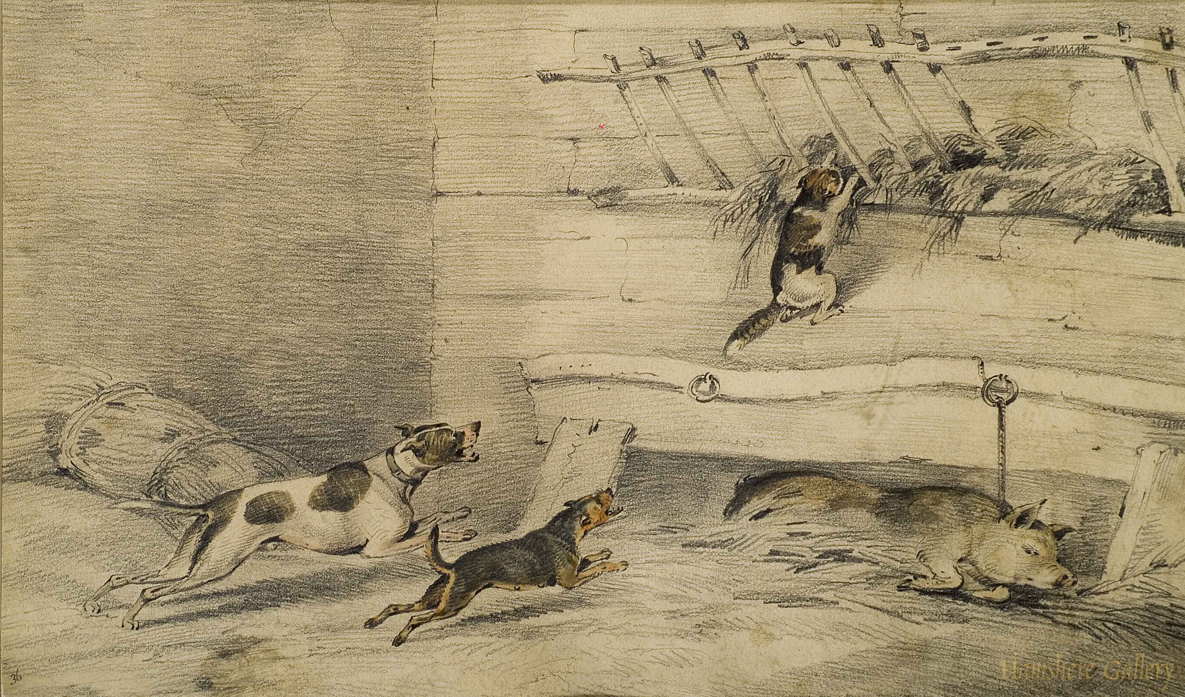 Click to see full size: Hound and Terrier chasing a cat by Henry Thomas